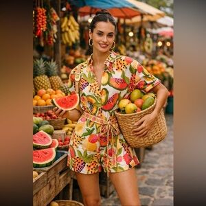 FARM Rio Tropical Fruit Print Short Sleeve Romper - Pink, Green, Yellow, Orange